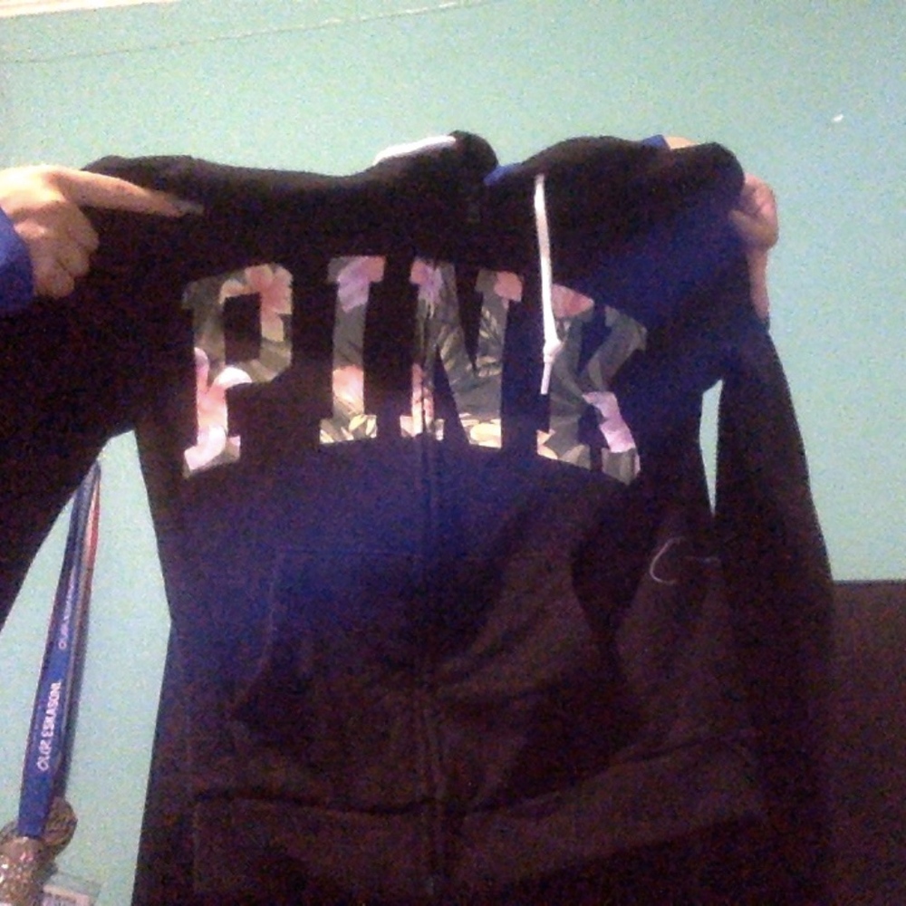 PINK Black Floral Print Zip-Up Hoodie